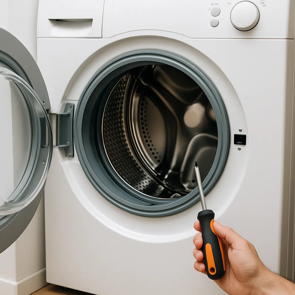 Voorlader wasmachine met open deur en een hand die een schroevendraaier vasthoudt voor reparatie.