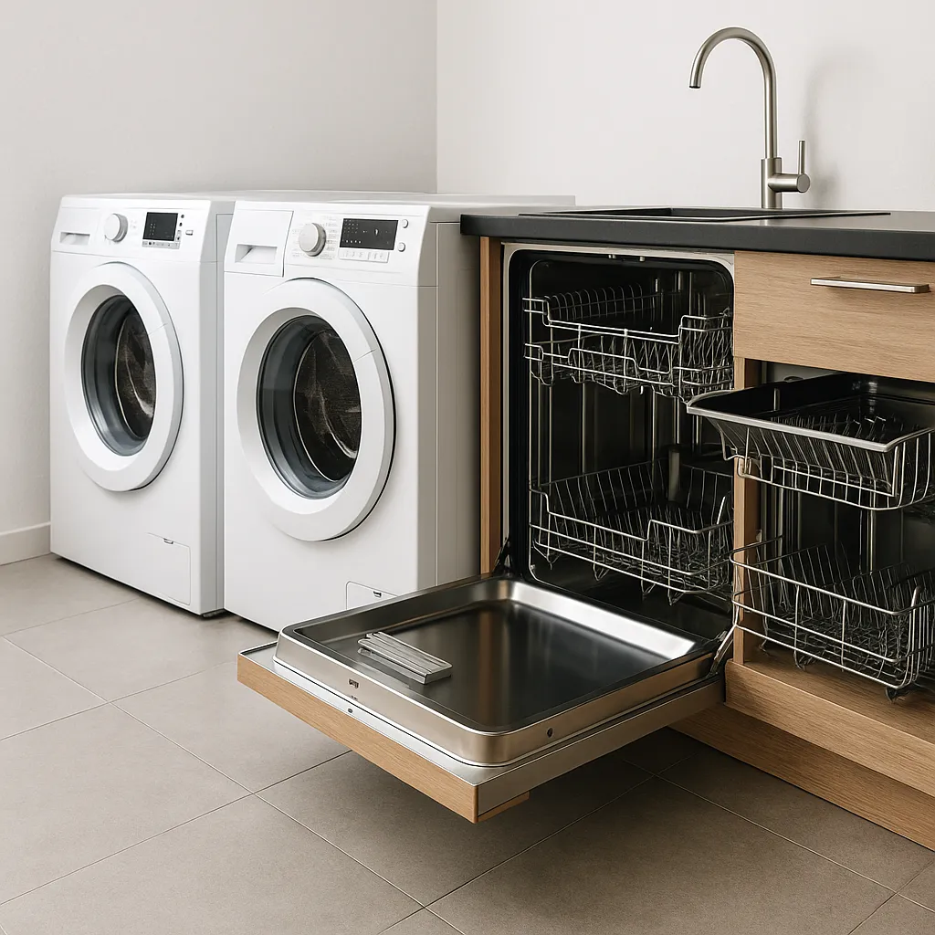 Moderne wasruimte met naast elkaar geplaatste wasmachine, droger en een open vaatwasser geïntegreerd in houten keukenkast.