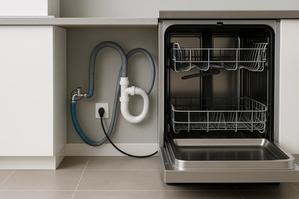Openstaande vaatwasser tijdens installatie met zichtbare water- en afvoeraansluitingen in een moderne keuken.