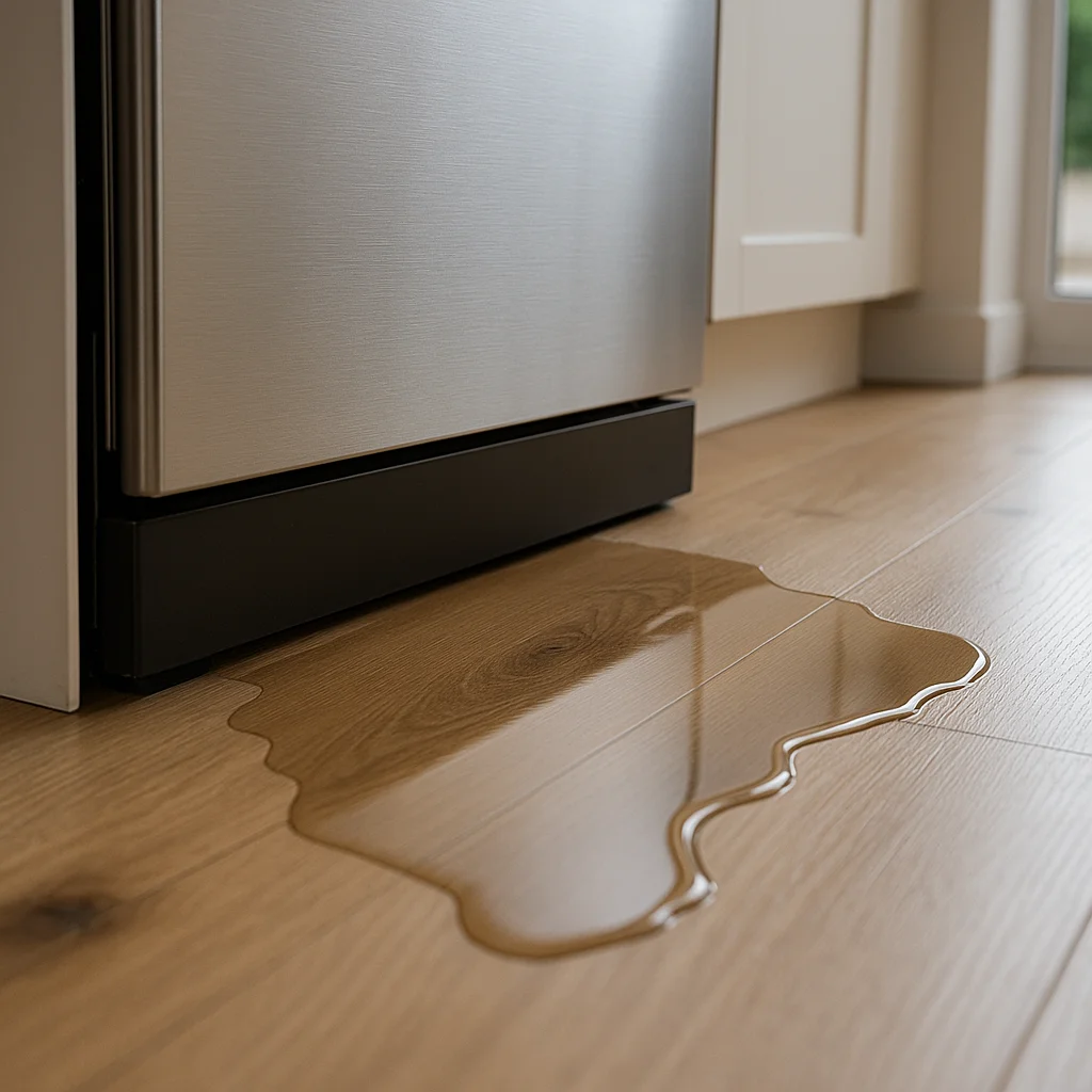 Lekkende vaatwasser met plas water op houten vloer