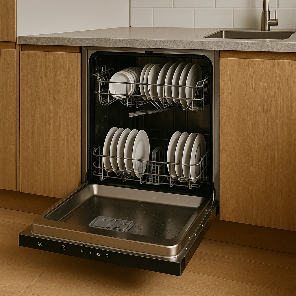 Open vaatwasser ingebouwd in houten keuken met schone witte borden in de rekken