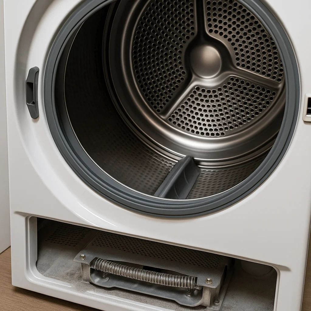 Interieur van een open wasdroger met zichtbare trommel en verwarmingselement.