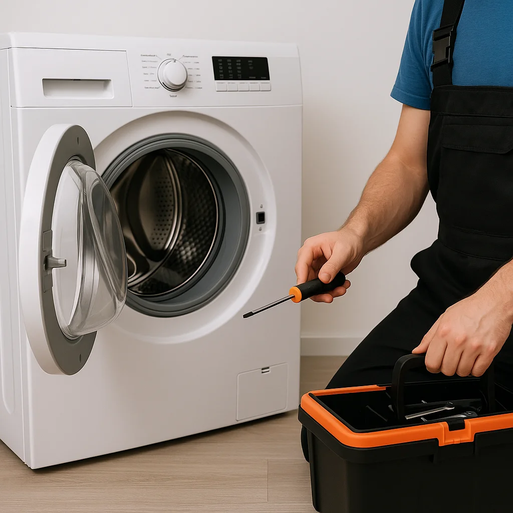 Wasmachine monteur met schroevendraaier en gereedschapskist bij een openstaande wasmachine.