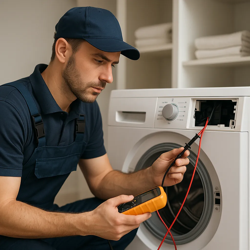 Wasmachine monteur voert metingen uit met een multimeter bij een moderne voorlader in een wasruimte.