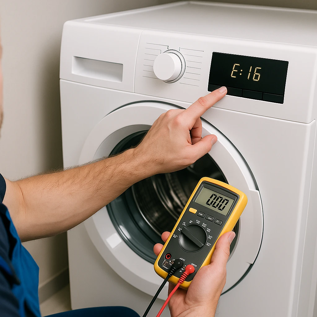 Wasmachine monteur controleert foutcode E16 op display met multimeter in de hand.