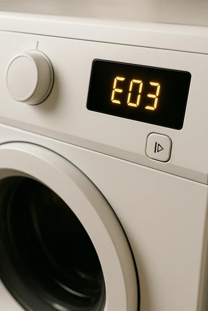 Close-up van een moderne wasmachine met digitaal display waarop foutcode E03 zichtbaar is.