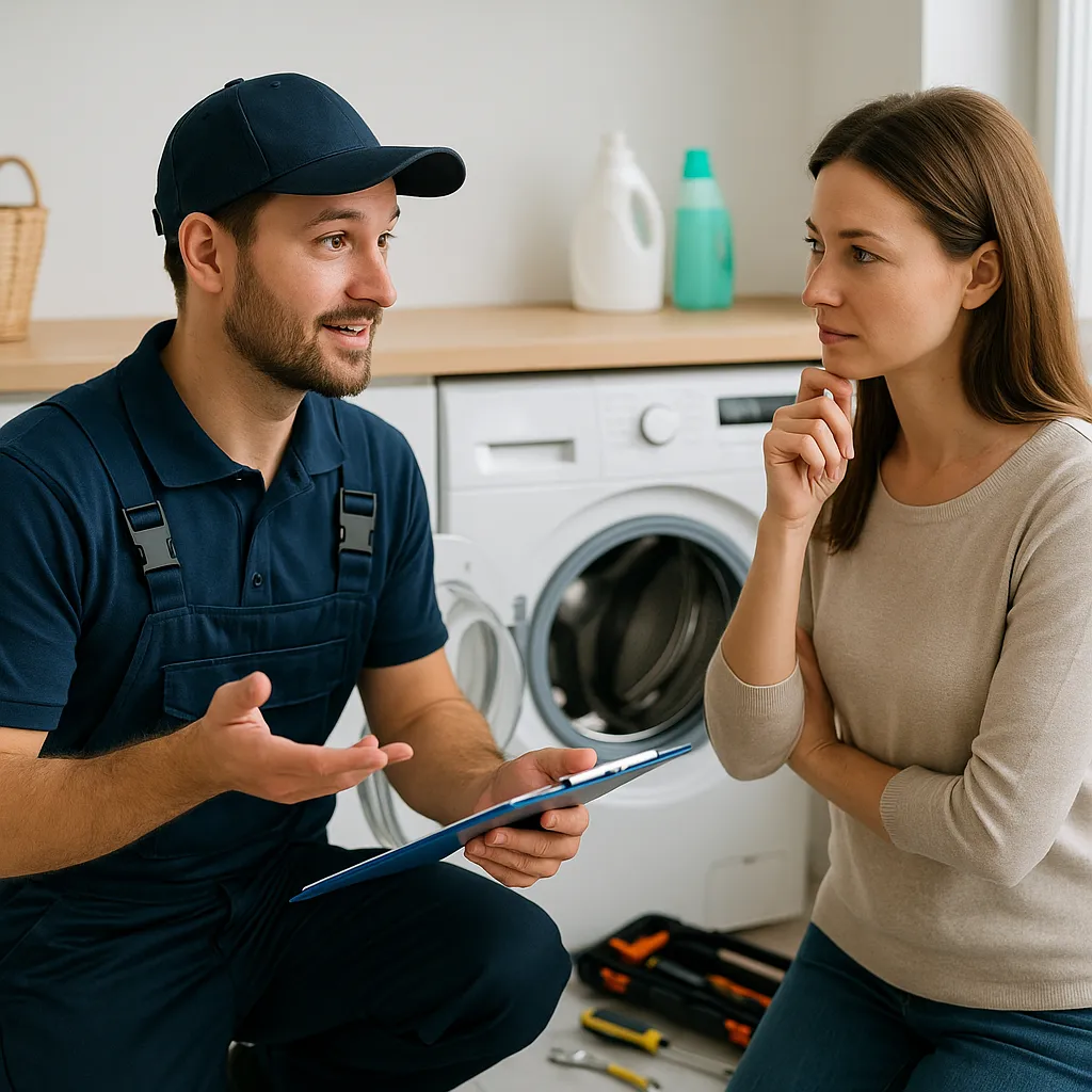 Wasmachine monteur in uniform bespreekt reparatieopties met een klant naast een open wasmachine in een moderne wasruimte.