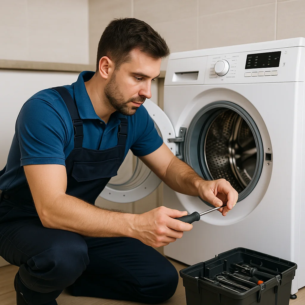 Wasmachine monteur repareert een witte wasmachine met gereedschap.