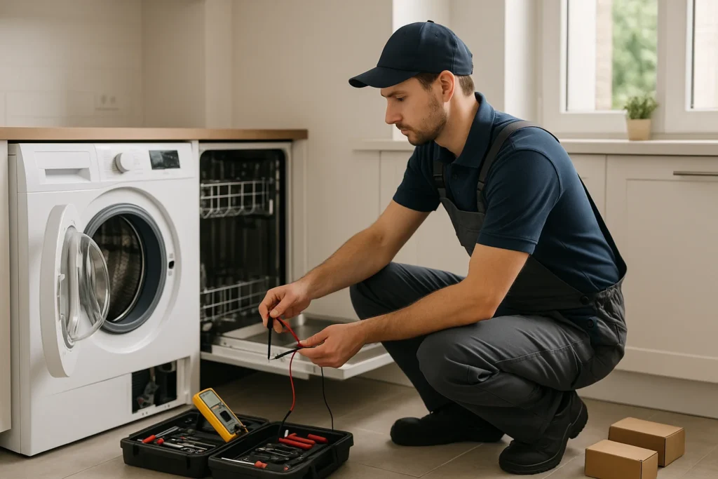Een witgoedmonteur in blauwe werkkleding repareert een wasmachine en controleert bedrading met een multimeter, naast een open vaatwasser in een moderne keuken.