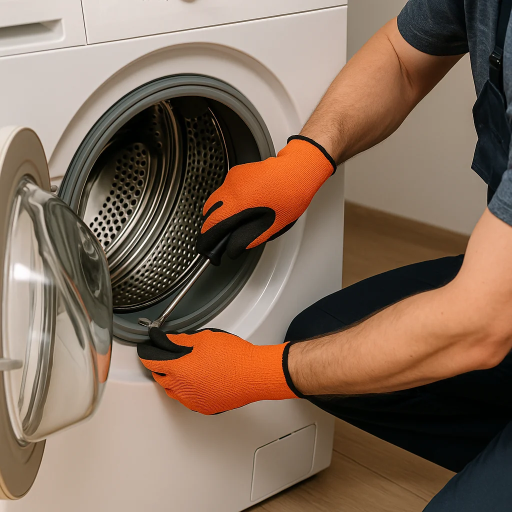 Monteur repareert een wasmachine door onderdelen in de trommel bij te stellen met een schroevendraaier.