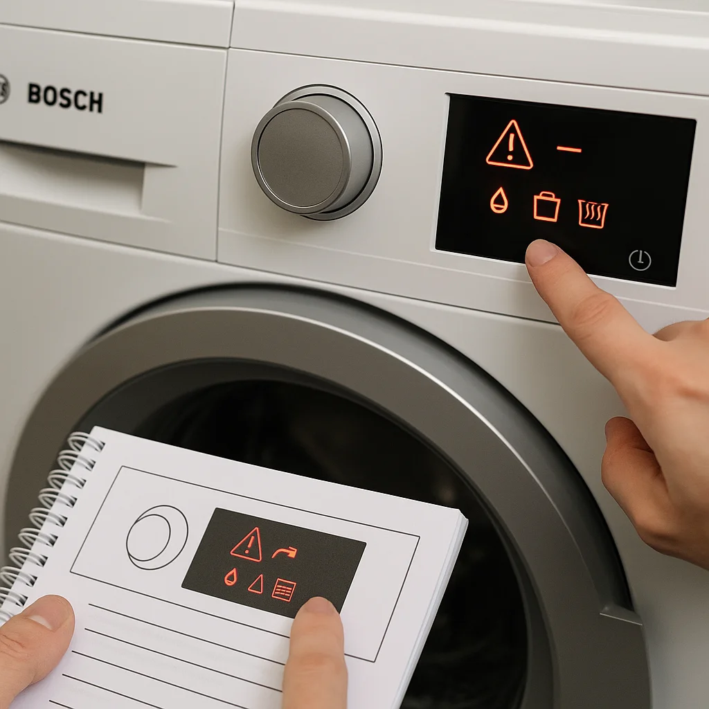 Bosch droger met storingssymbolen op het display tijdens controle.