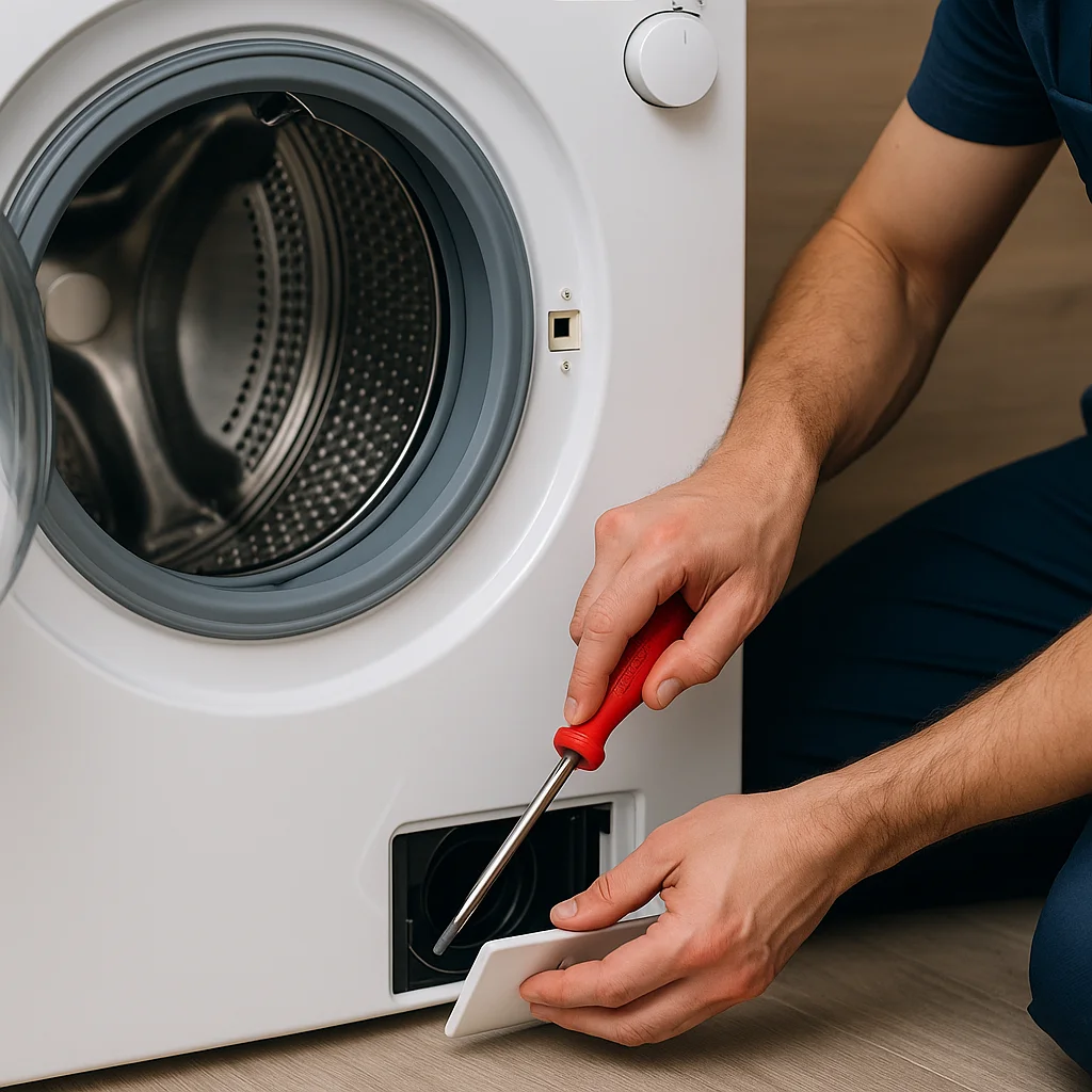 Monteur voert onderhoud uit aan een moderne wasmachine in Den Haag.