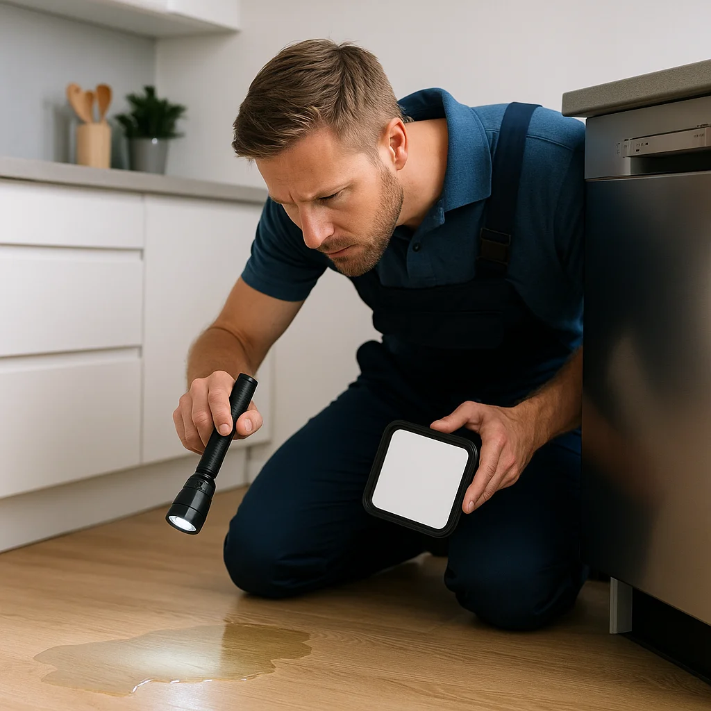 Vaatwasser monteur controleert lekkage onder een moderne vaatwasser.