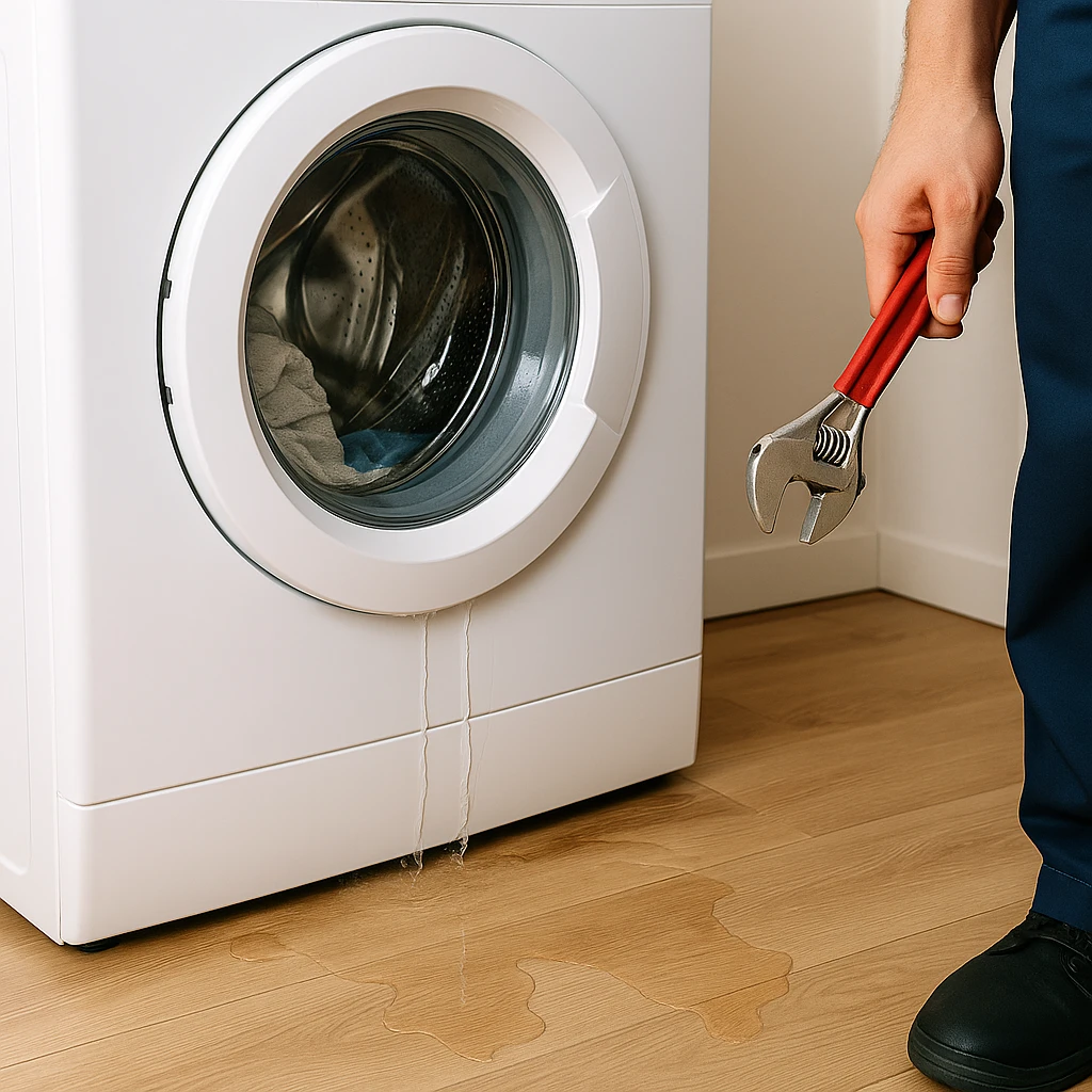 Moderne wasmachine met lekkage, monteur met rode steeksleutel gereed voor reparatie.