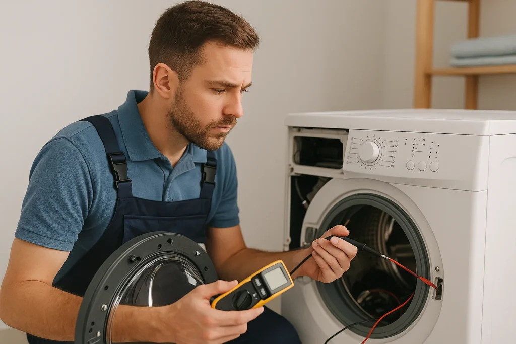 Wasmachine monteur repareert wasmachine in moderne wasruimte.