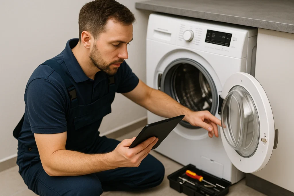 Wasmachine monteur voert digitale diagnose uit met tablet bij open wasmachine.