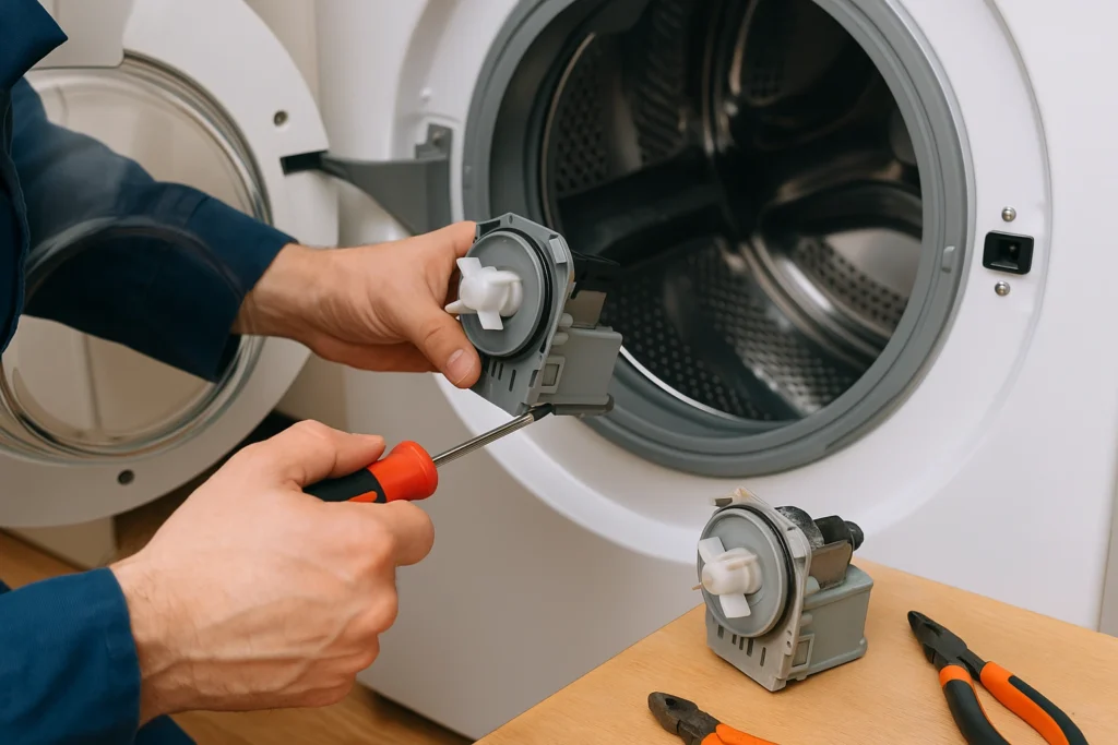 Technicus vervangt onderdelen van een wasmachine in moderne werkplaats.