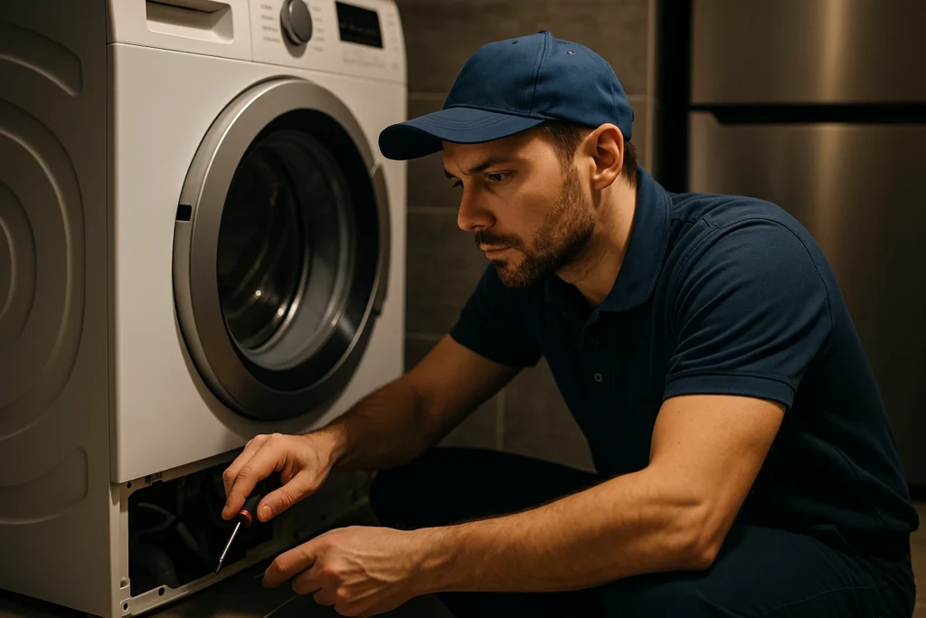 Witgoedmonteur in Amsterdam repareert ’s avonds een wasmachine in moderne woning.