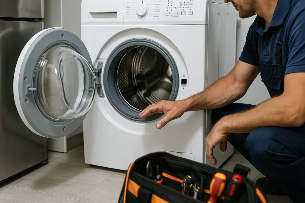 Monteur repareert een wasmachine in woning in Utrecht.