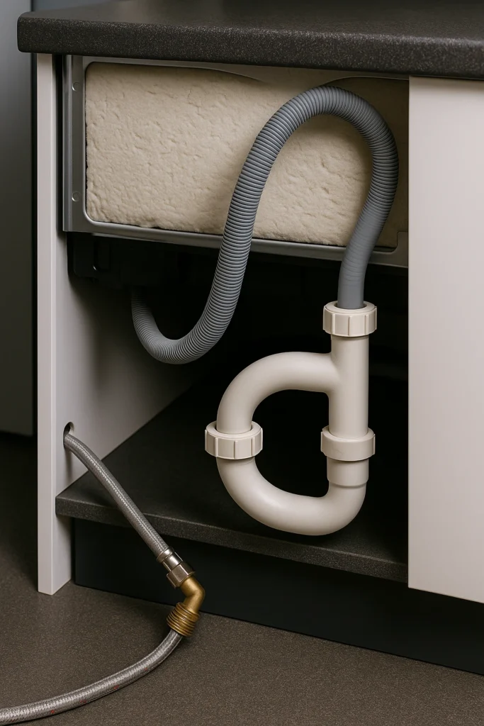 Close-up van de aansluiting van een vaatwasser met grijze afvoer- en toevoerslangen onder een keukenblad.