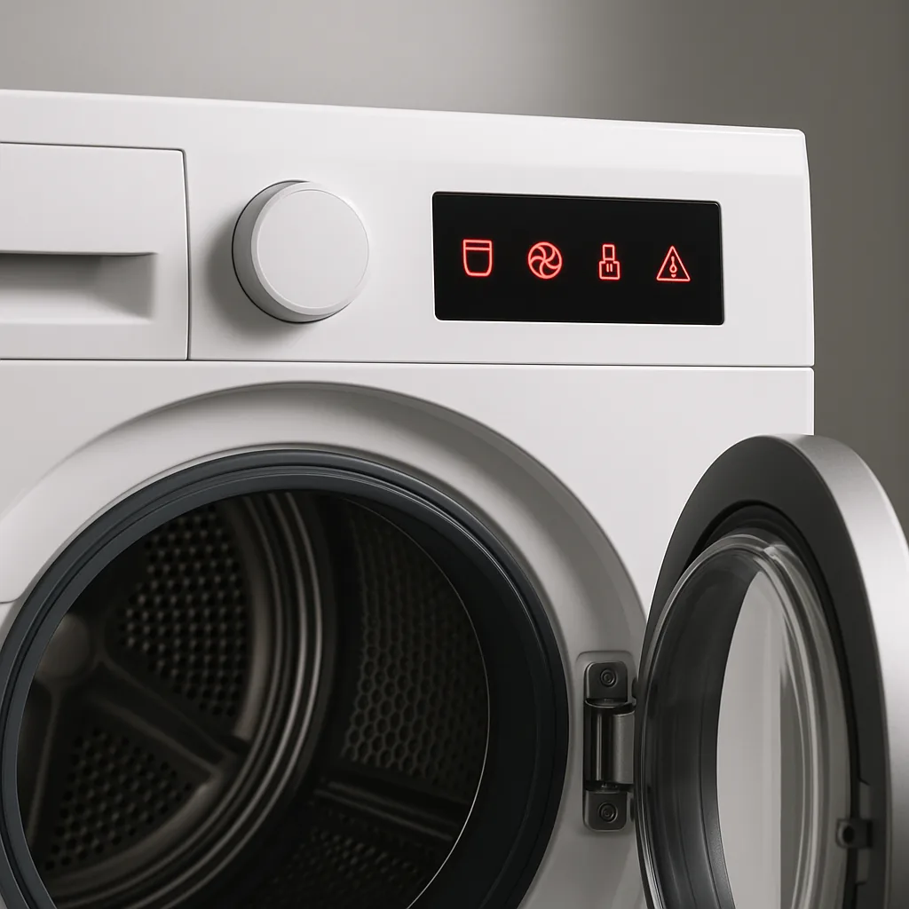 Close-up van een wasmachine met open deur en rood waarschuwingslampje op het display.