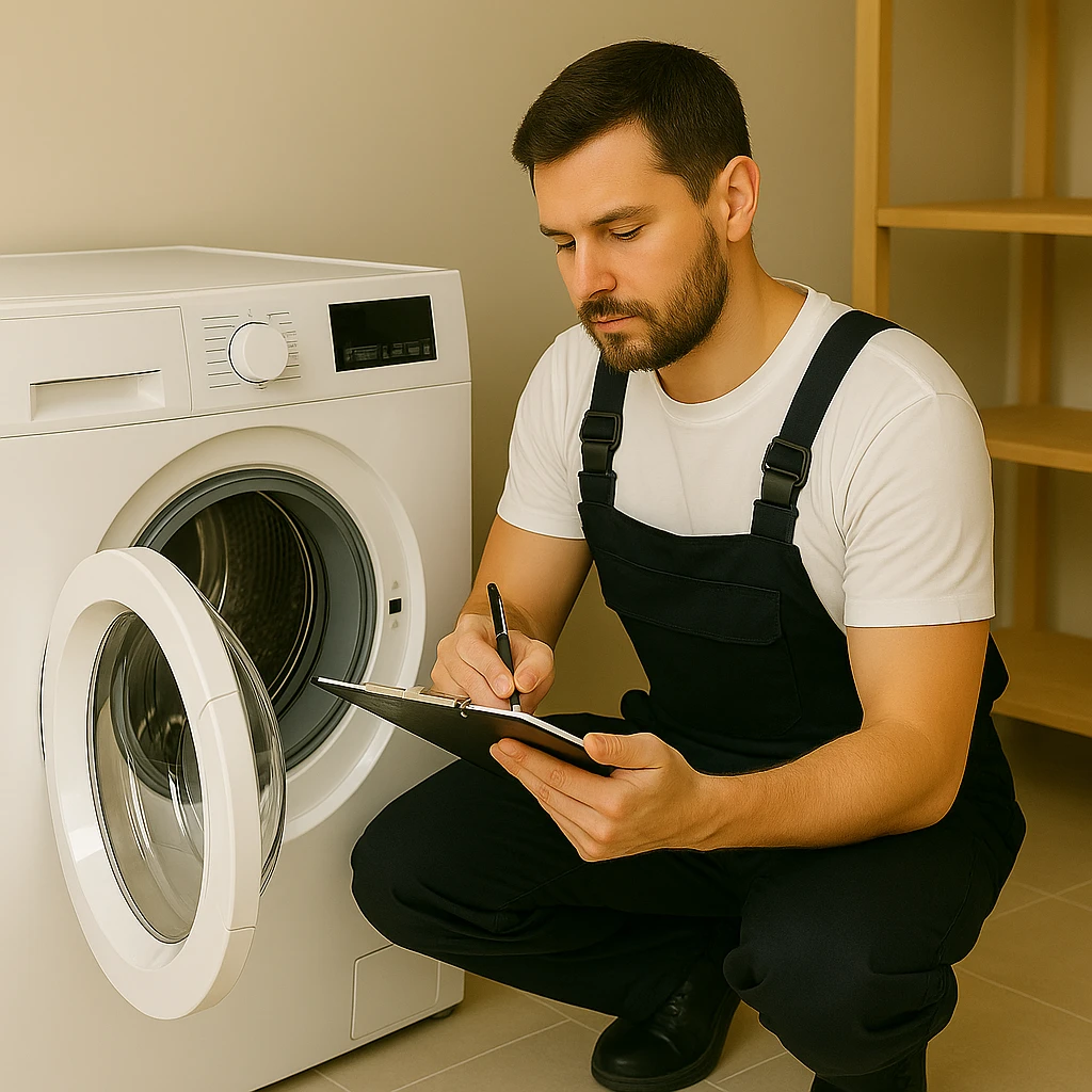 Monteur noteert gegevens tijdens wasmachine reparatie in Utrecht.