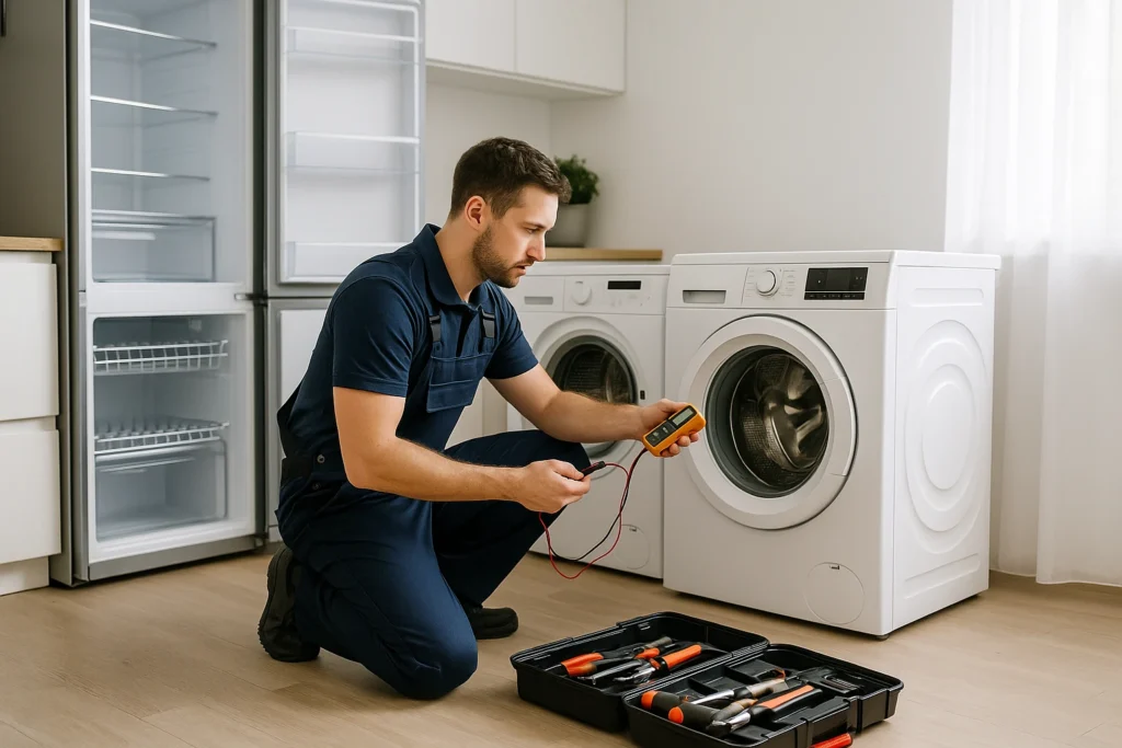 Monteur test wasmachine met multimeter, naast koelkast in moderne keuken.