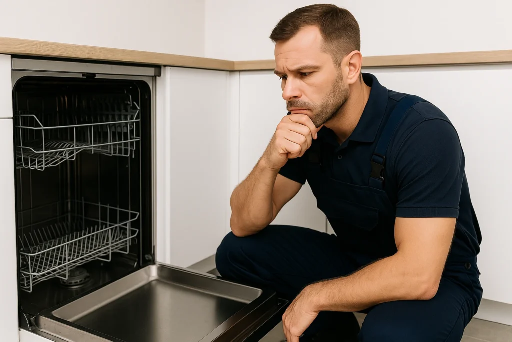 professionele vaatwasser monteur onderzoekt ingebouwde vaatwasser in moderne keuken