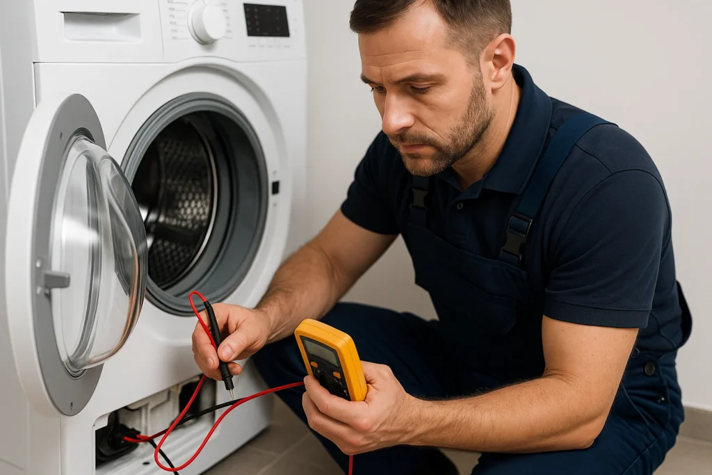 professionele wasmachine monteur test componenten van een wasmachine met een multimeter in een moderne wasruimte