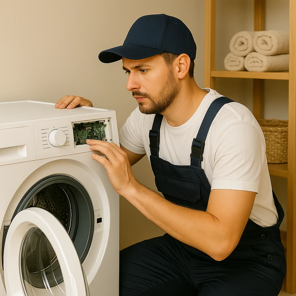 Monteur repareert wasmachine in moderne wasruimte.