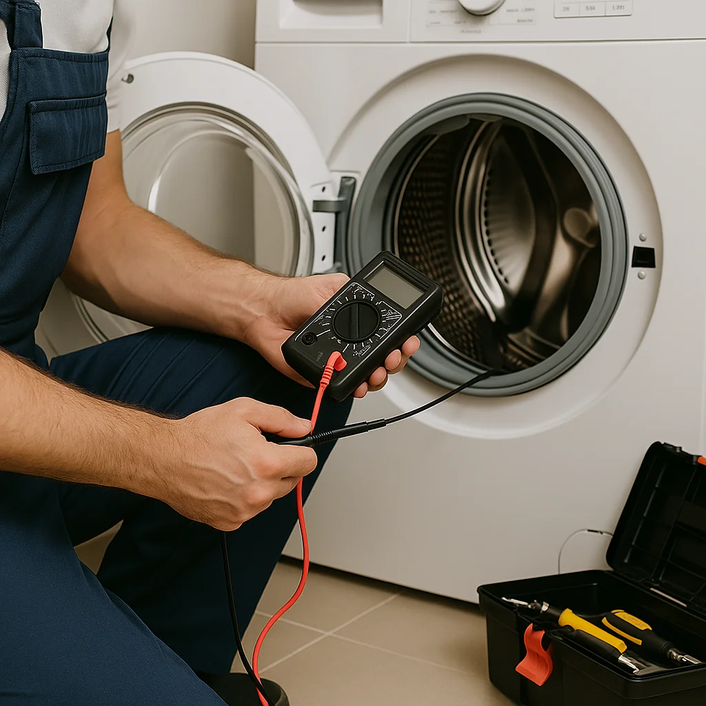 Wasmachine monteur controleert een frontlader met gereedschap in een moderne wasruimte.