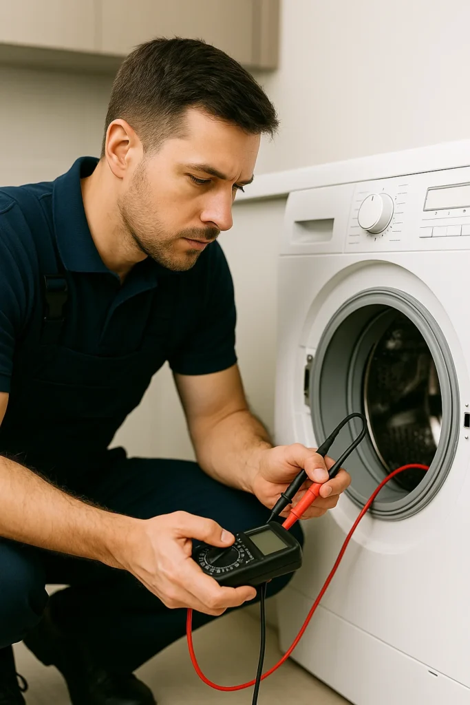 Witgoedmonteur voert meting uit aan wasmachine in moderne wasruimte.