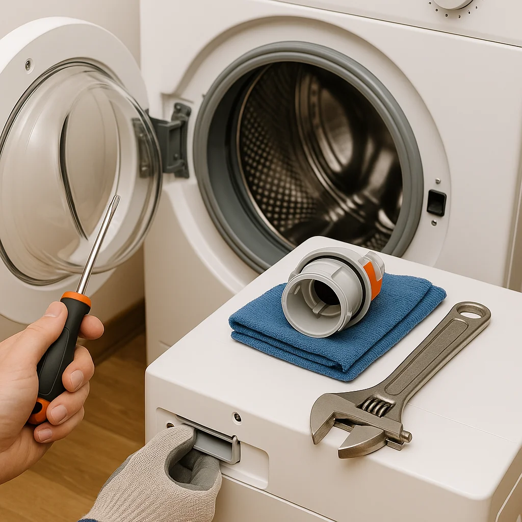 Technicus werkt aan het filter en onderdelen van een wasmachine tijdens onderhoud of reparatie.