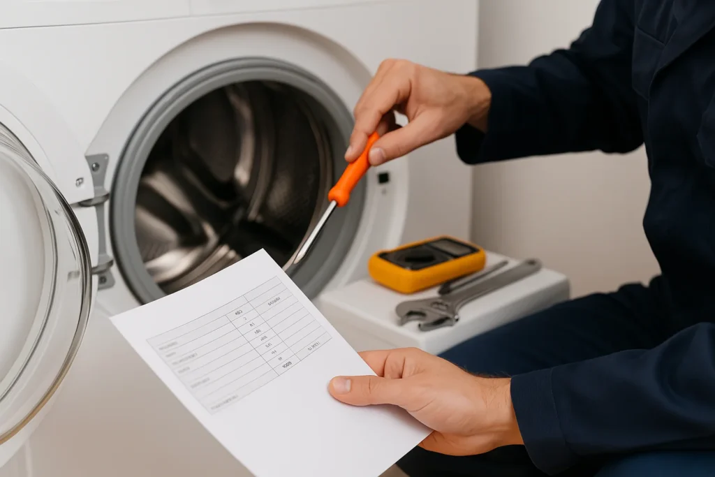 Een professionele witgoedmonteur onderzoekt een wasmachine in een moderne wasruimte tijdens een reparatie-inspectie.