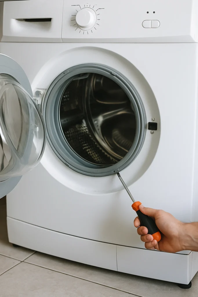 monteur repareert wasmachine in moderne wasruimte met open deur en gereedschap