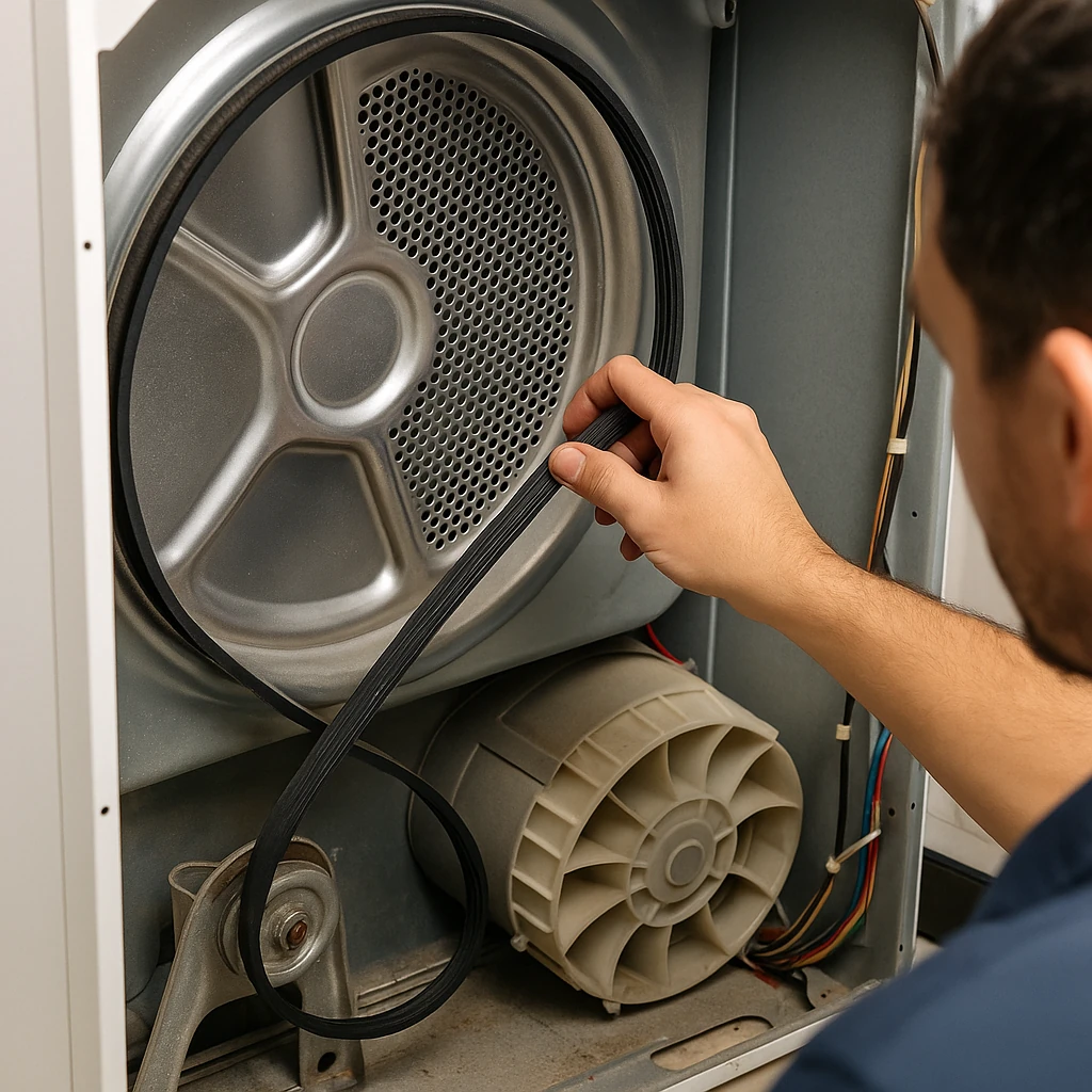 monteur controleert snaar en lagers in open wasdroger